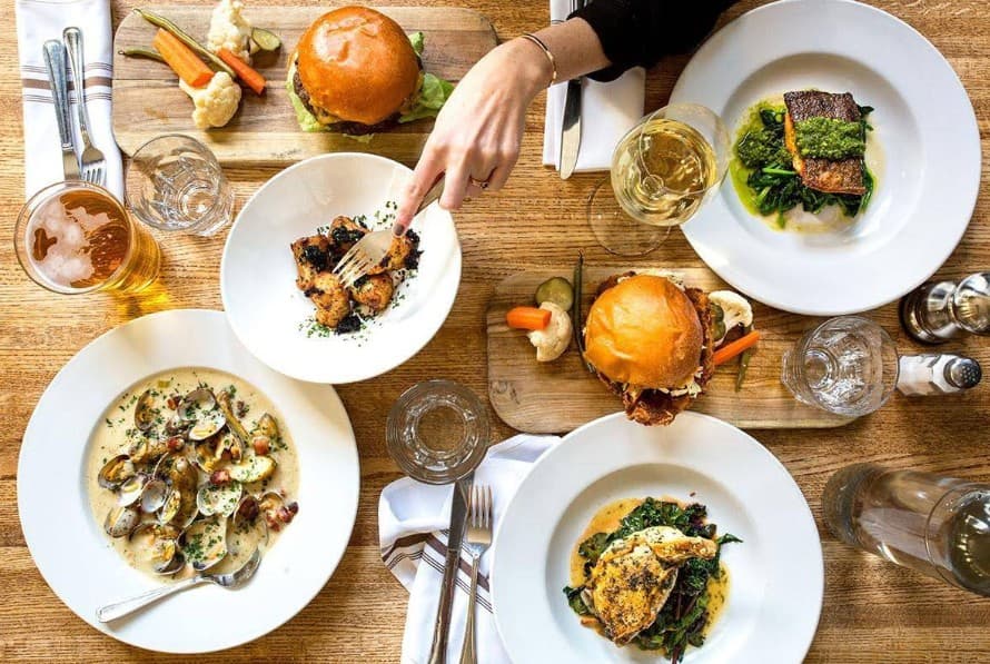 Dinner spread at Due West Tavern